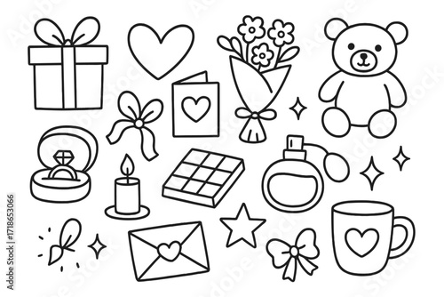 Gifts for Loved Ones. Hand-drawn doodle illustration Gifts for loved ones [gift box, heart, ribbon, bouquet, greeting card, teddy bear, candle, chocolate, ring