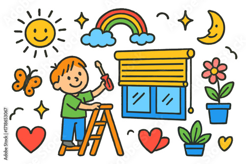 Installing Blinds Fun. Colorful Hand-drawn doodle Children illustration Installing Blinds window, roller blinds, screwdriver,