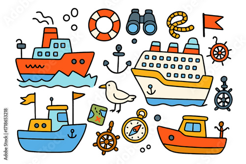 Colorful Maritime Doodle. Ships and boats. Colorful Hand-drawn doodle Children illustration ships and boats icebreaker, cruise ship, research vessel, lifebuoy,