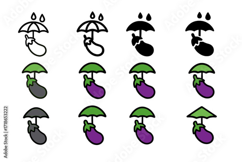 Rain-Hardy Eggplant Logos. Set Logo of Climate-resistant crops: Rain-hardy eggplant. Logo set in vector style, emblematic variations. line, bold thick line,