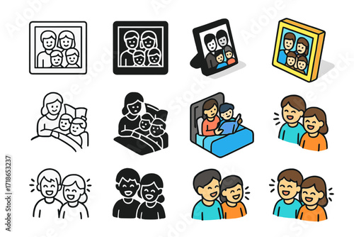 Sibling Memories Icons. Icon Set of Special sibling memories: family photo, bedtime story, siblings laughing. Icons set in vector style, emblematic variations.