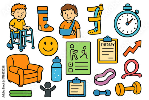 Post-Surgery Recovery Icons. Colorful Hand-drawn doodle Children illustration Post-Surgery Recovery walker, arm sling, leg brace, therapy chart, exercise