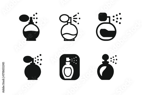 Harmonious Perfume Logos. Perfume. Set Logo of Perfume: Spray mist. 6 harmonious logo variations of the same emblematic concept,