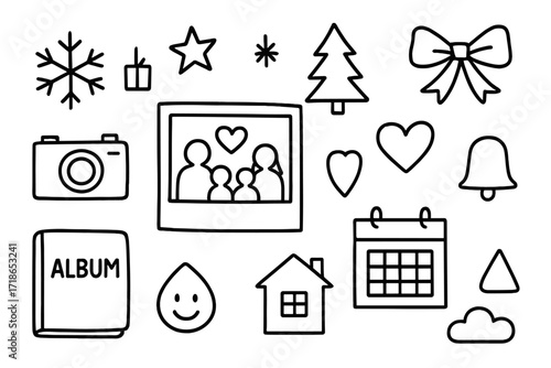 Family Holiday Doodle Book. Hand-drawn doodle illustration Family holiday photo book [snowflake, star, tree, gift box, photo frame