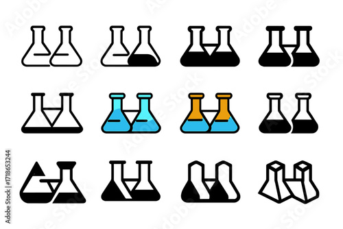 Equilibrium Logo Grid. Set Logo of equilibrium in scientific experiment: Equal concentration flasks. Logo set in vector style, emblematic variations. line,