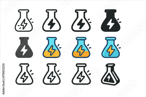 Colorful Flask Logos. Set Logo of Flasks: Flask with glowing energy symbol. Logo set in vector style, emblematic variations. line, bold thick line, solid black