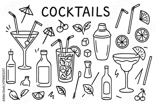Cocktail Doodle Icons. Cocktails. Hand-drawn doodle illustration cocktails martini glass, mojito glass, margarita glass, straws, umbrellas, cherries, citrus