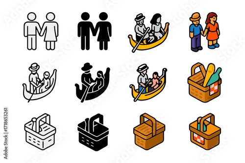 Romantic Travel Icons. Icon Set of Romantic travel: couple holding hands, gondola ride, picnic basket. Icons set in vector style, emblematic variations. Couple
