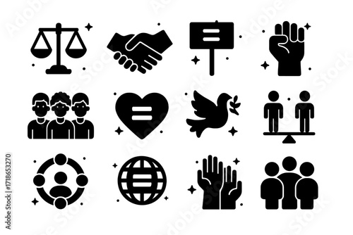 Icons of Equality. Social Equality. Solid icons set of justice scale, handshake, equality symbol, protest sign, raised fist, diverse group, heart with equal