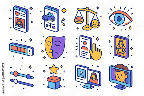 Social Anxiety Icons. Colorful isometric vector icons set of Social comparison and anxiety: lifestyle feed, luxury post,
