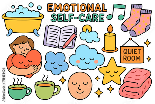 Cozy Self-Care Icons. Colorful Hand-drawn doodle Children illustration Emotional self-care bubble bath, cozy socks, calm music note, journal, candle, teacup,