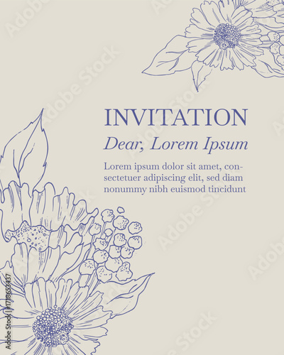 Elegance Wedding drawn mono-line floral botanical flower pattern background design