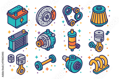 Colorful Automotive Icons. Colorful isometric vector icons set of automotive parts: car battery, brake disc, timing belt, air filter, radiator, alternator,