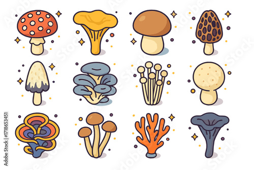 Colorful Isometric Mushroom Icons. Colorful isometric vector icons set of wild mushrooms: fly agaric, chanterelle, porcini, morel, shaggy ink cap, oyster