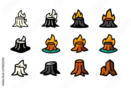 Burned Tree Logo Variations. Set Logo of Devastated village: Burned tree stump. Logo set in vector style, emblematic variations. line, bold thick line, solid