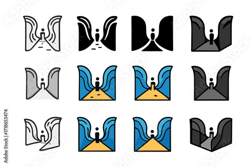 Parted Sea Logo Grid. Set Logo of religious myths and their cultural importance: parted sea. Logo set in vector style, emblematic variations. line, bold thick