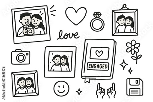 Engagement Photo Doodle. Hand-drawn doodle illustration engagement photo album selfie snapshots, ring icon, heart, couple sketch, framed photo, album cover,