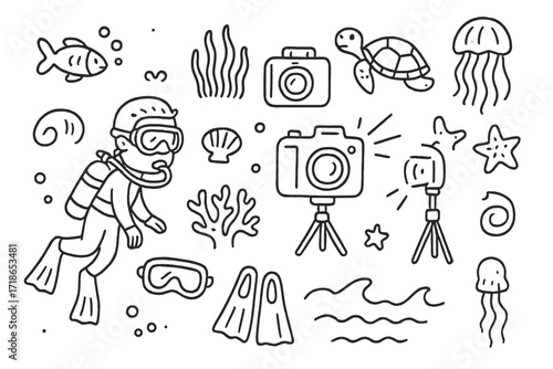 Underwater Doodle Icons. Hand-drawn doodle illustration Cozy friends dinner gathering pot, food steam, round table, napkin, fork