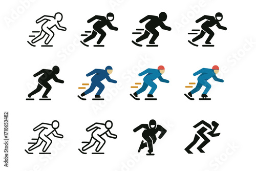 Speed Skater Logos. Set Logo of Fast-Paced Sports: speed skater in motion. Logo set in vector style, emblematic variations. line, bold thick line, solid black