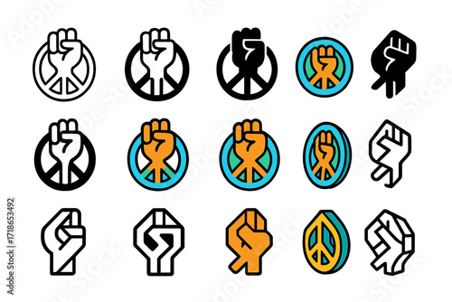 Youth Empowerment Logos. Set Logo of Youth Empowerment: Peace Sign. Logo set in vector style, emblematic variations. line, bold thick line, solid black filled,