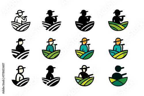 Emblematic Farmfield Logos. Set Logo of Crop Fields: Field with Farmer Silhouette. Logo set in vector style, emblematic variations