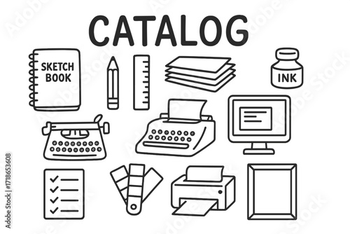 Doodle Print Design Elements. Print Design. Hand-drawn doodle illustration catalog cover, sketchbook, pencil, ruler, paper stack, ink bottle, typewriter,