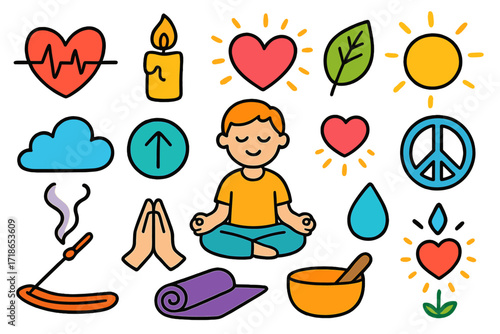 Joyful Meditation Symbols. Colorful Hand-drawn doodle Children illustration Heartbeat and meditation lotus pose, calm face, candle, soft heart wave, soft