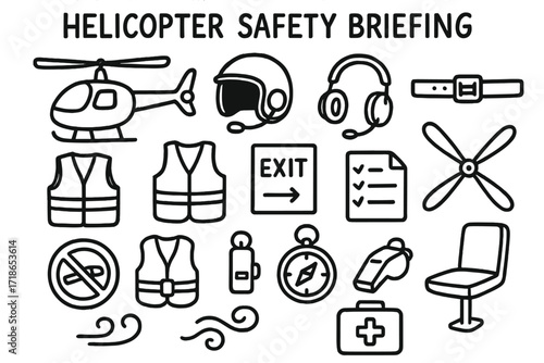 Helicopter Safety Doodle. Hand-drawn doodle illustration helicopter safety briefing helicopter, pilot helmet, headset, seatbelt, safety vest, exit sign,