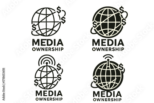 Media Ownership Logo. Set Logo of Media ownership: globe with wireframe signal paths and dollar signs. Logo set in vector style, emblematic variations.