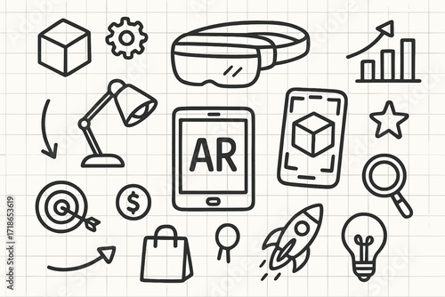 AR Tech Doodles. Hand-drawn doodle illustration AR product demo [tablet, smartphone, AR headset, 3D cube, gear, lamp, chart, arrow, star, magnifying glass,