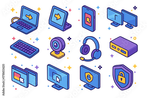 Colorful Isometric Tech Icons. Colorful isometric vector icons set of Remote access devices: laptop with cable, tablet in stand