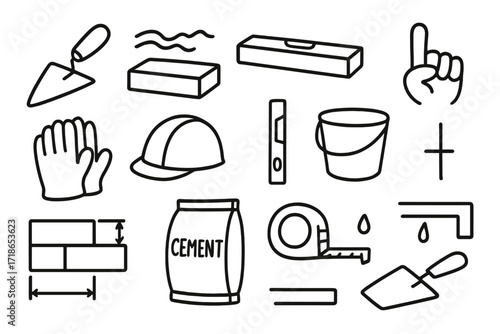 Bricklaying Tools Sketch. Hand-drawn doodle illustration Applying mortar and spacing mortar, trowel, spread lines, brick, level