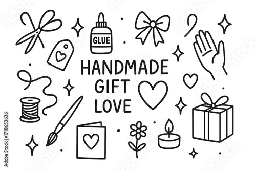 Crafting Essentials Icons. Hand-drawn doodle illustration Handmade gift love [scissors, glue bottle, ribbon, heart, thread spool, yarn, paintbrush, card, gift