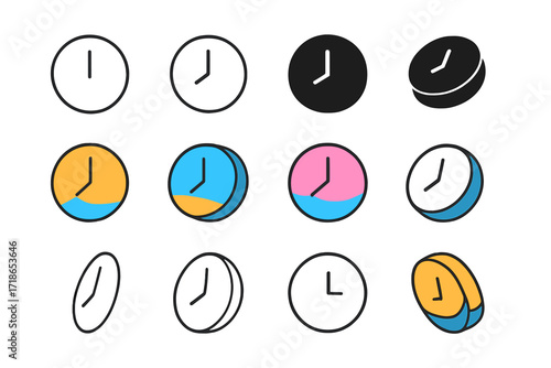 Mindfulness Logo Grid. Set Logo of Mindfulness practices and meditation retreats: Minimalist clock showing stillness. Logo set in vector style, emblematic