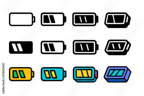 App Charging Logo Grid. Set Logo of Progress Bar on App Interface: Battery Charging Progress Line. Logo set in vector style, emblematic variations. line, bold