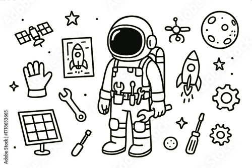 Astronaut Engineer Icons. Astronaut Engineer. Hand-drawn doodle illustration astronaut engineer helmet, gloves, oxygen tank, toolbelt, wrench, screwdriver,