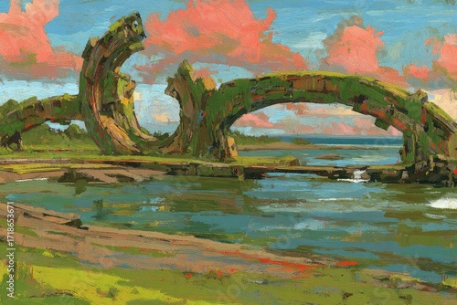 Rustic, alien landscape with overgrown ruins