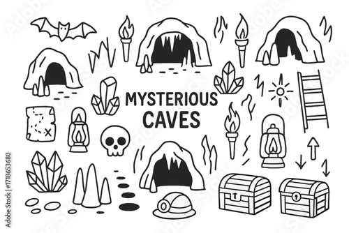 Mystical Cave Artifacts. Mysterious caves. Hand-drawn doodle illustration mysterious caves crystals, skulls, torches, ropes, bats, ladders, stalactites,