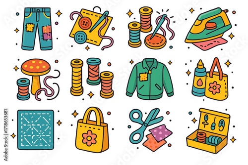 Colorful Clothing Repair Icons. Colorful isometric vector icons set of Clothing repair and upcycling: patchwork jeans, hand-sewn