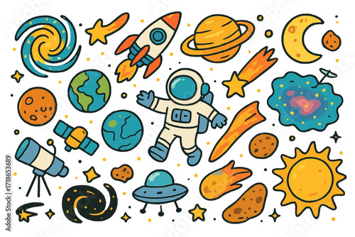 Cosmic Doodle Adventure. Colorful Hand-drawn doodle Children illustration Universe expansion [galaxy spirals, rocket, planet, moon, astronaut, comet, shooting