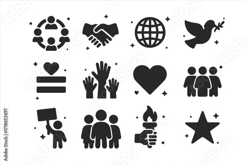 Unity Icons Montage. Unity. Solid icons set of circle of people, handshake, globe, peace dove, equality symbol, raised hands, heart, inclusive community,