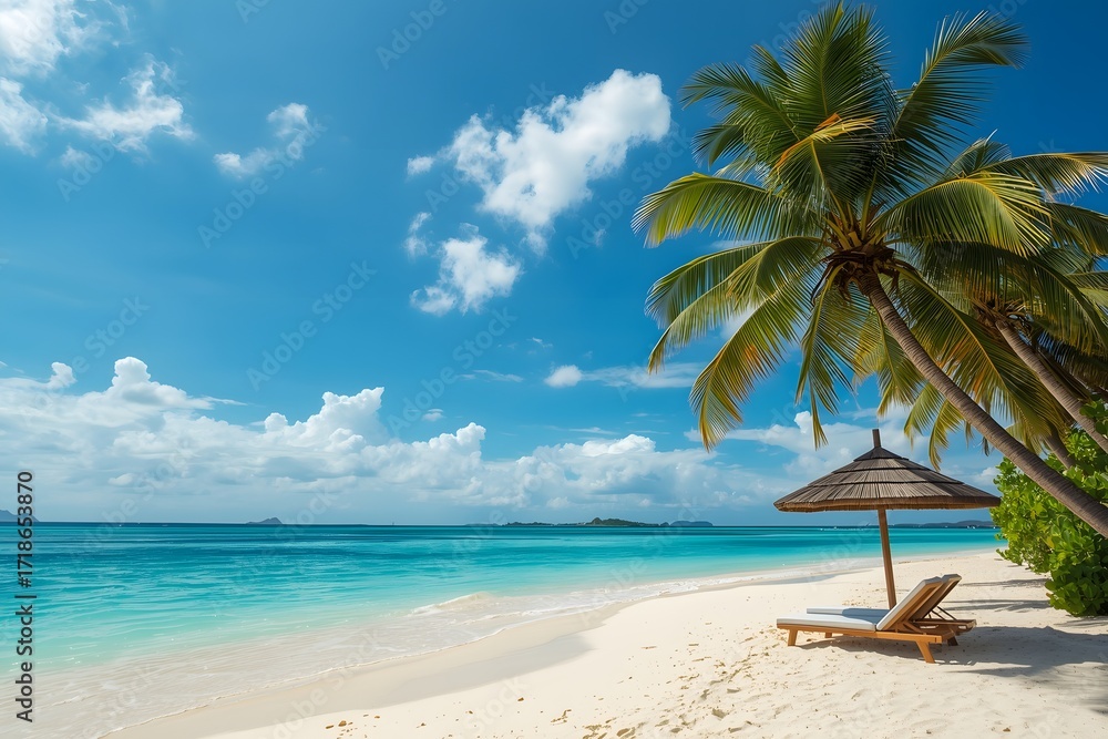 Obraz premium Tropical nature scene. Palm trees and blue sky. Summer holiday and vacation concept