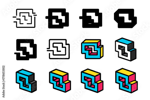 NFT Logo Variations. Set Logo of Digital Art Collectibles and NFTs: Glitch effect symbol. Logo set in vector style, emblematic variations. line, bold thick