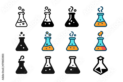 Flask Logo Variations. Set Logo of Flasks: Flask with bubbling potion and vapor. Logo set in vector style, emblematic variations. line, bold thick line, solid