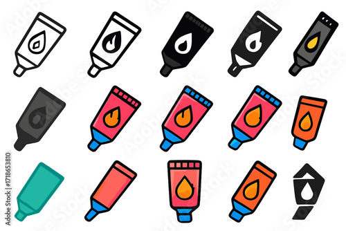 Colorful Hygiene Logo Grid. Set Logo of Feminine Hygiene Products and Practices: Pain Relief Gel Tube. Logo set in vector style, emblematic variations. line,