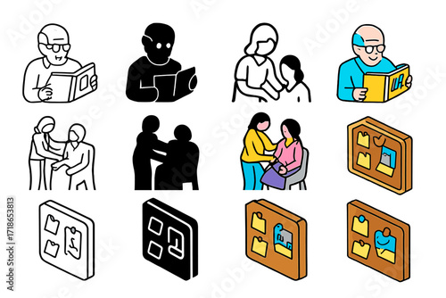 Memory Care Icons. Icon Set of Memory care: elder with photo album, staff comforting, memory board. Icons set in vector style,