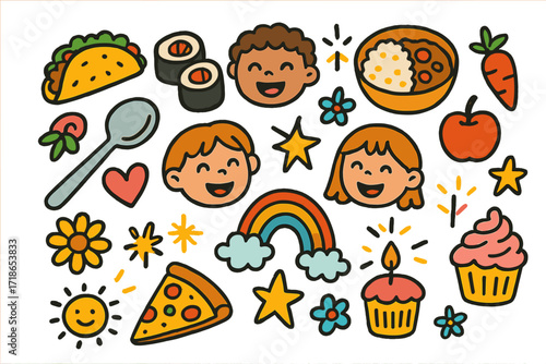 Cultural Foods Doodle. Colorful Hand-drawn doodle Children illustration Cultural Foods Celebration [taco, sushi, curry bowl, bread, fruit, spoon, rainbow,