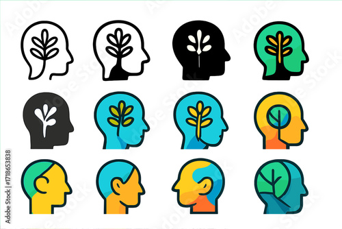 Self-Reflection Tree Logo. Set Logo of Self-reflection: tree growing inside human head. Logo set in vector style, emblematic variations. line, bold thick line,