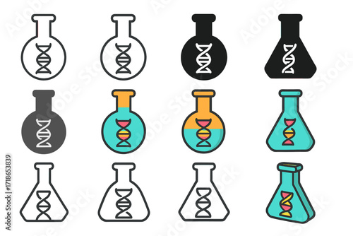 Science Flask Logo. Set Logo of Flasks: Scientific flask with DNA icon inside. Logo set in vector style, emblematic variations. line, bold thick line, solid