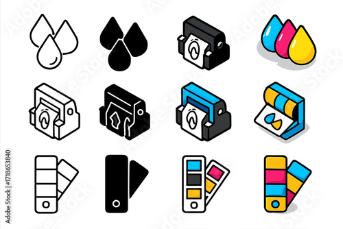 CMYK Printing Icons. Icon Set of Printing Color Palette: CMYK droplets, Printing press, Paper swatches. Icons set in vector style, emblematic variations. CMYK